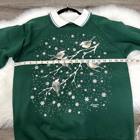 Vintage Morning Sun Womens Medium Green Winter Snow Birds Collard Sweatshirt - Picture 6 of 12